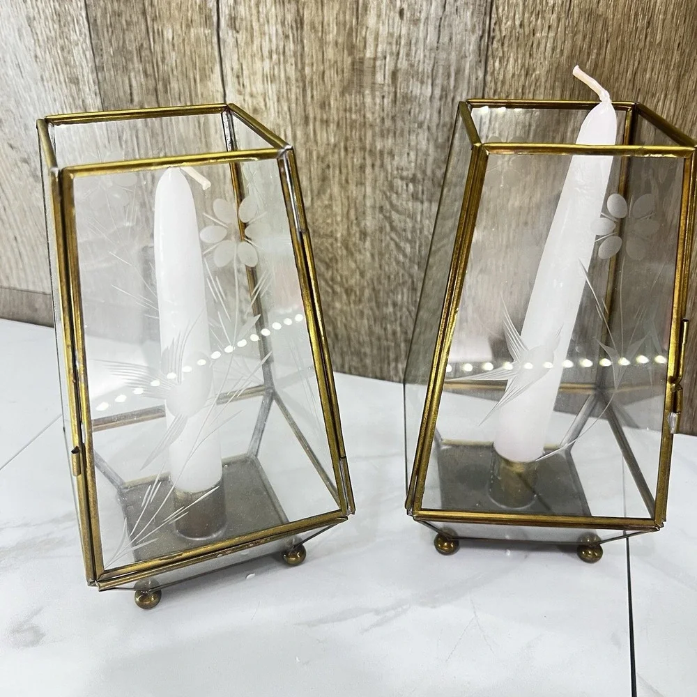 VTG Brass Etched Glass Lantern Candle Holder Lot of 2 Floral & Bird Etchings 7